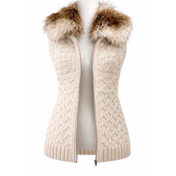 Loft Wool Alpaca Blend Cable Knit Sweater Vest Faux Fur Collar Zip Up Brown S/M* - Picture 2 of 15